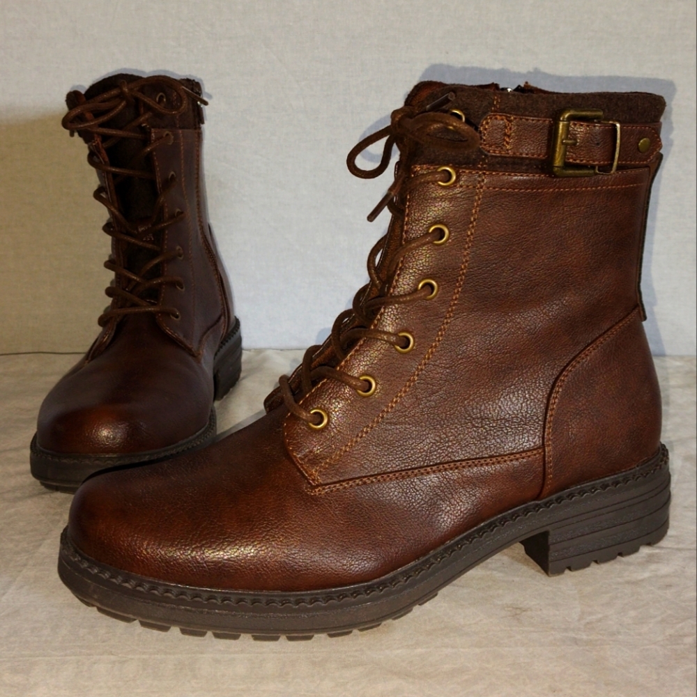 I.D. Required Boots Brown Lace-Up Ankle Zipper Buckle Buttery Faux Leather 10